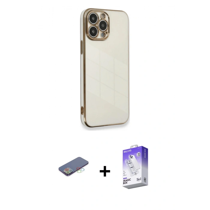 MARSİLYAN™- iPhone 13 Pro Max Kılıf Yankı Serisi - Siyah Bilvis 5in1 3D Magic Cam Ekran Koruyucu + Renkli Kamera Lens Koruma Cam - MI