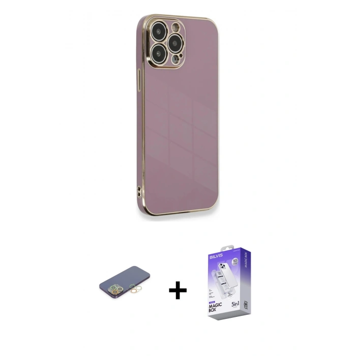 MARSİLYAN™- iPhone 13 Pro Max Kılıf Yankı Serisi - Siyah Bilvis 5in1 3D Magic Cam Ekran Koruyucu + Renkli Kamera Lens Koruma Cam - SI