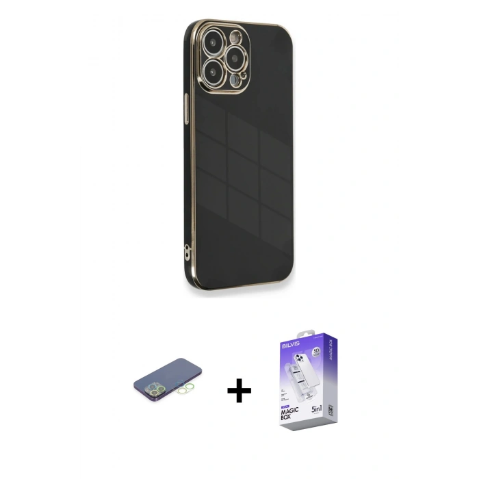 MARSİLYAN™- iPhone 13 Pro Max Kılıf Yankı Serisi - Siyah Bilvis 5in1 3D Magic Cam Ekran Koruyucu + Renkli Kamera Lens Koruma Cam - YL