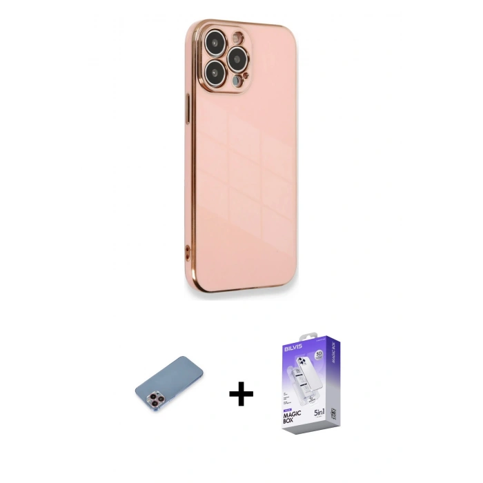 MARSİLYAN™- iPhone 13 Pro Max Kılıf Yankı Serisi - Siyah Bilvis 5in1 3D Magic Cam Ekran Koruyucu + Shine Kamera Lens Koruma Cam - PE
