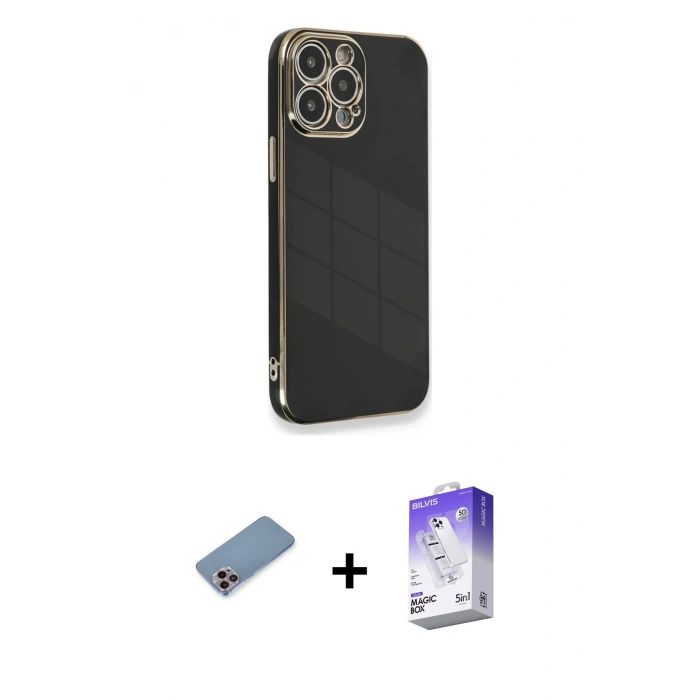 MARSİLYAN™- iPhone 13 Pro Max Kılıf Yankı Serisi - Siyah Bilvis 5in1 3D Magic Cam Ekran Koruyucu + Shine Kamera Lens Koruma Cam - PE