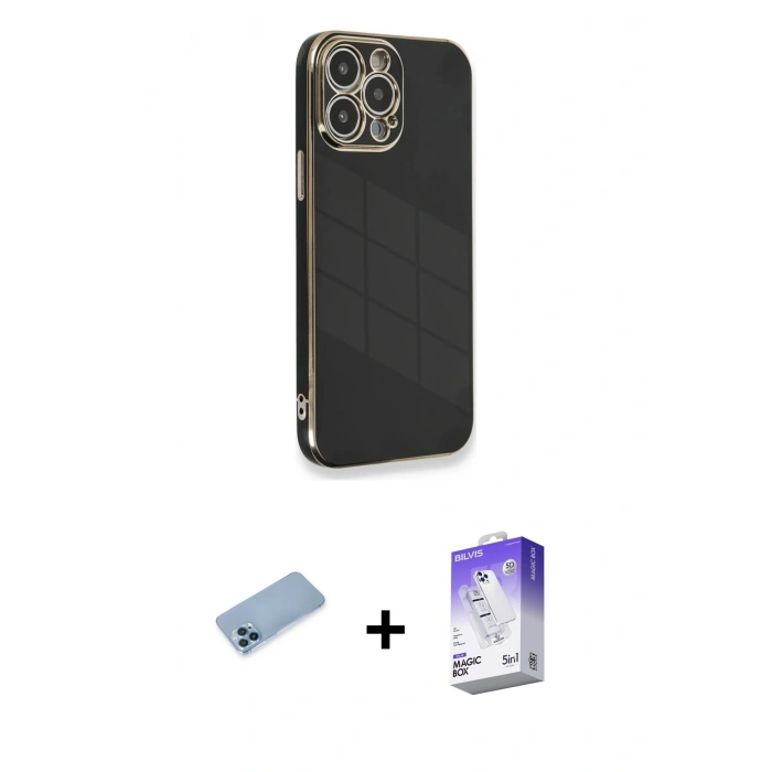 MARSİLYAN™- iPhone 13 Pro Max Kılıf Yankı Serisi - Siyah Bilvis 5in1 3D Magic Cam Ekran Koruyucu + Shine Kamera Lens Koruma Cam - MI