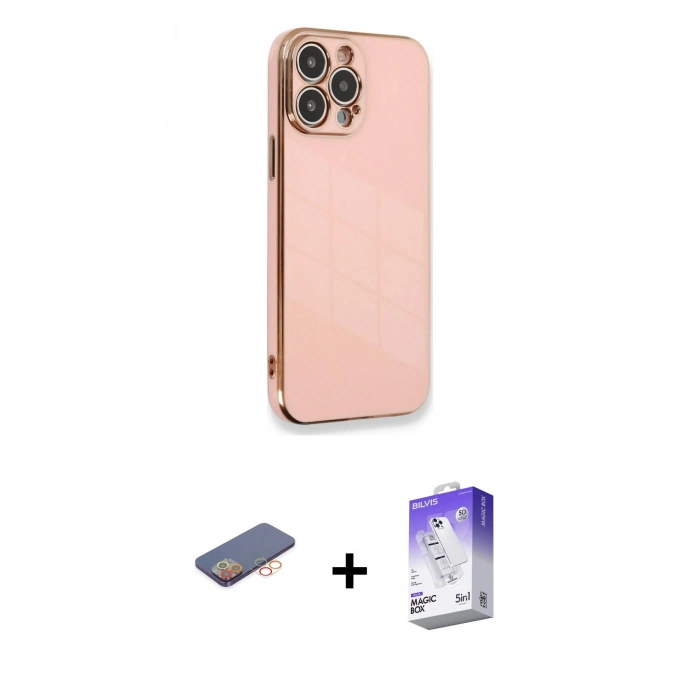 MARSİLYAN™- iPhone 13 Pro Max Kılıf Yankı Serisi - Siyah Bilvis 5in1 3D Magic Cam Ekran Koruyucu + Turuncu Renkli Kamera Lens Koruma Cam