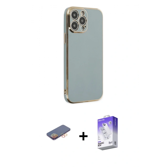 MARSİLYAN™- iPhone 13 Pro Max Kılıf Yankı Serisi - Siyah Bilvis 5in1 3D Magic Cam Ekran Koruyucu + Turuncu Renkli Kamera Lens Koruma Cam