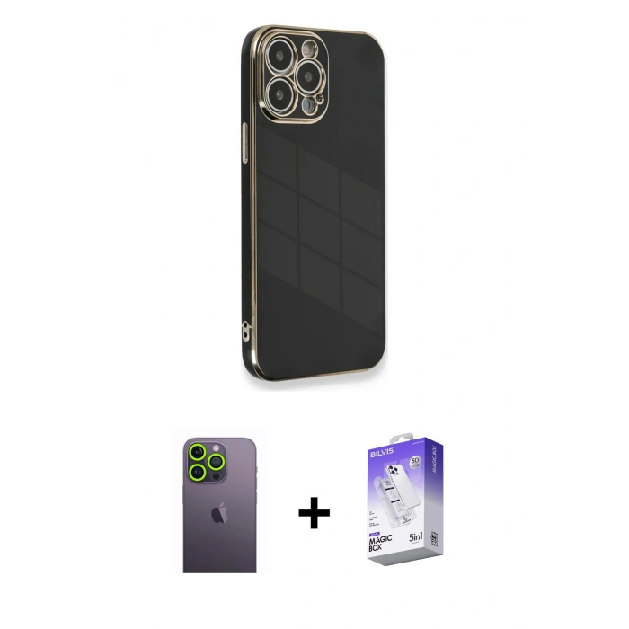 MARSİLYAN™- iPhone 13 Pro Max Kılıf Yankı Serisi - Siyah Bilvis 5in1 3D Magic Cam Ekran Koruyucu + Neon Fosforlu Kamera Lens - YL