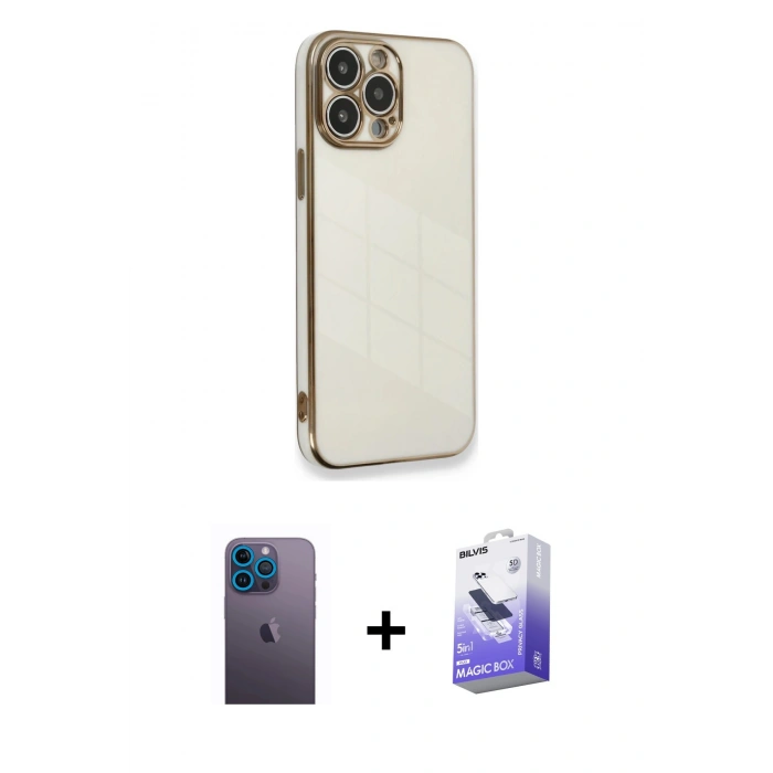 MARSİLYAN™- iPhone 13 Pro Max Kılıf Yankı Serisi - Siyah Bilvis 5in1 5D Magic Hayalet Cam Ekran Koruyucu + Neon Fosforlu Kamera Lens - MI