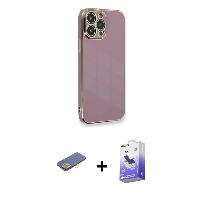 MARSİLYAN™- iPhone 13 Pro Max Kılıf Yankı Serisi - Siyah Bilvis 5in1 5D Magic Hayalet Cam Ekran Koruyucu + Renkli Kamera Lens Koruma Cam - SI