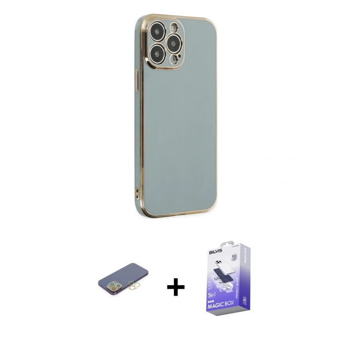MARSİLYAN™- iPhone 13 Pro Max Kılıf Yankı Serisi - Siyah Bilvis 5in1 5D Magic Hayalet Cam Ekran Koruyucu + Renkli Kamera Lens Koruma Cam - SI