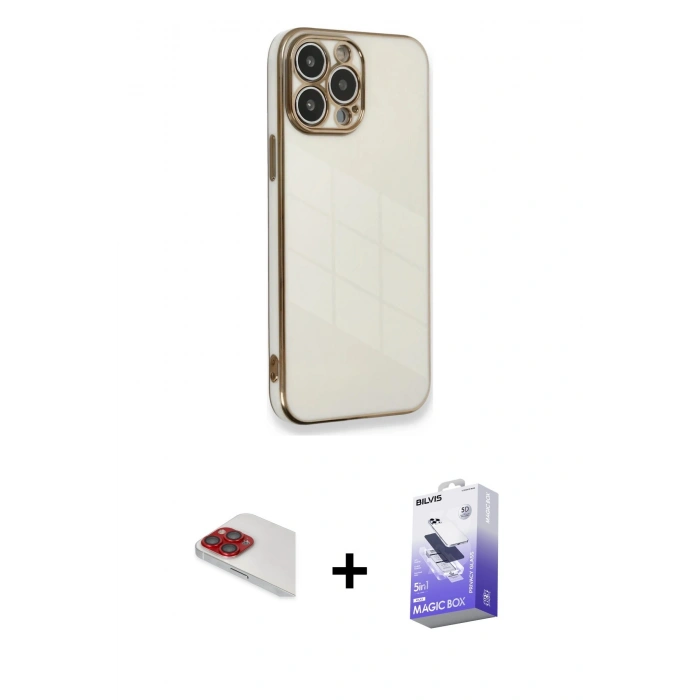 MARSİLYAN™- iPhone 13 Pro Max Kılıf Yankı Serisi - Siyah Bilvis 5in1 5D Magic Hayalet Cam Ekran Koruyucu + Pers Alüminyum Kamera Lens - KI