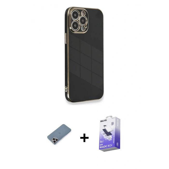 MARSİLYAN™- iPhone 13 Pro Max Kılıf Yankı Serisi - Siyah Bilvis 5in1 5D Magic Hayalet Cam Ekran Koruyucu + Mor Metal Kamera Lens Koruma Cam