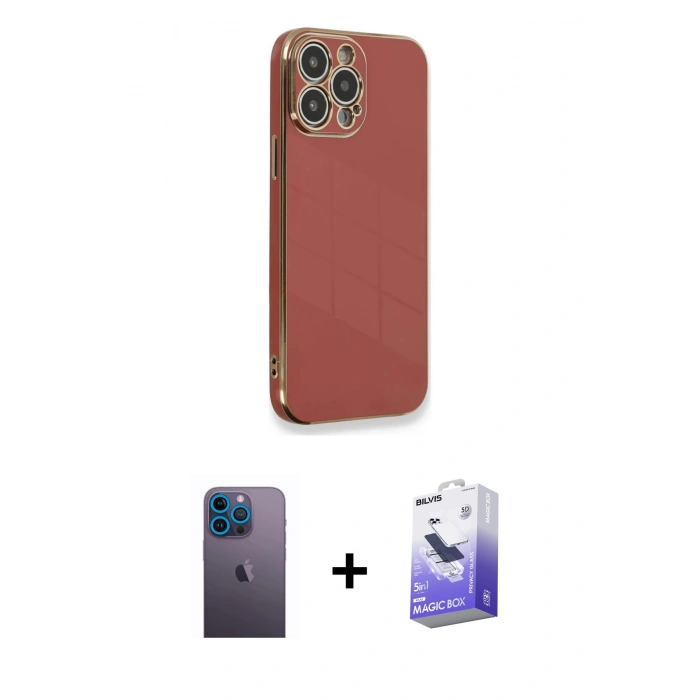 MARSİLYAN™- iPhone 13 Pro Max Kılıf Yankı Serisi - Siyah Bilvis 5in1 5D Magic Hayalet Cam Ekran Koruyucu + Neon Fosforlu Kamera Lens - MI