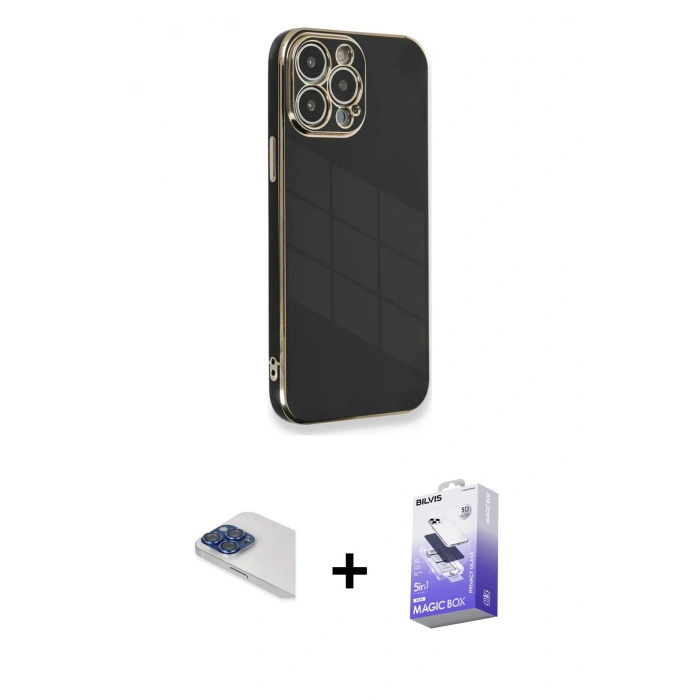 MARSİLYAN™- iPhone 13 Pro Max Kılıf Yankı Serisi - Siyah Bilvis 5in1 5D Magic Hayalet Cam Ekran Koruyucu + Lacivert Pers Alüminyum Kamera Lens