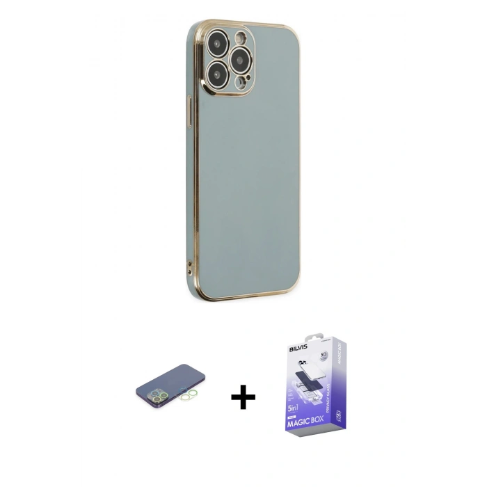 MARSİLYAN™- iPhone 13 Pro Max Kılıf Yankı Serisi - Siyah Bilvis 5in1 5D Magic Hayalet Cam Ekran Koruyucu + Yeşil Renkli Kamera Lens Koruma Cam