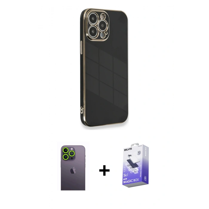 MARSİLYAN™- iPhone 13 Pro Max Kılıf Yankı Serisi - Siyah Bilvis 5in1 5D Magic Hayalet Cam Ekran Koruyucu + Neon Fosforlu Kamera Lens - YL