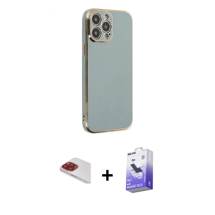 MARSİLYAN™- iPhone 13 Pro Max Kılıf Yankı Serisi - Siyah Bilvis 5in1 5D Magic Hayalet Cam Ekran Koruyucu + Pers Alüminyum Kamera Lens - KI