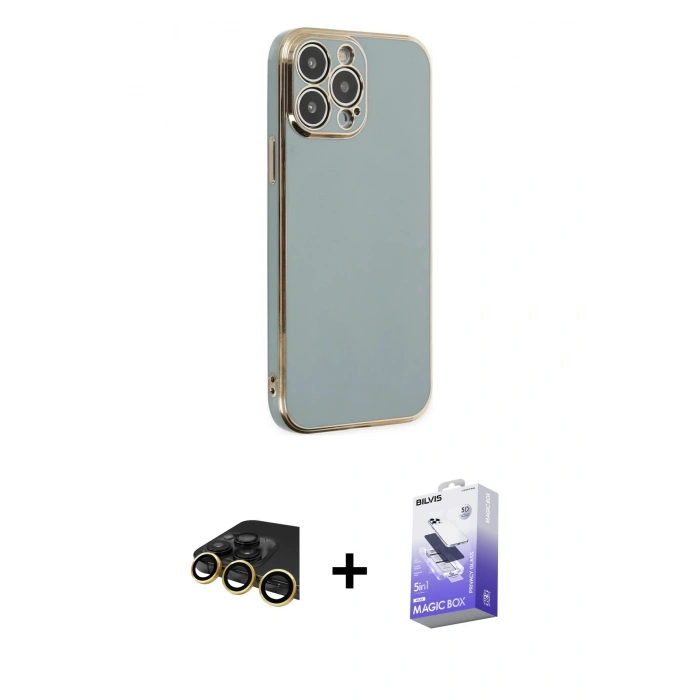 MARSİLYAN™- iPhone 13 Pro Max Kılıf Yankı Serisi - Siyah Bilvis 5in1 5D Magic Hayalet Cam Ekran Koruyucu + Raze Metal Kamera Lens - GD