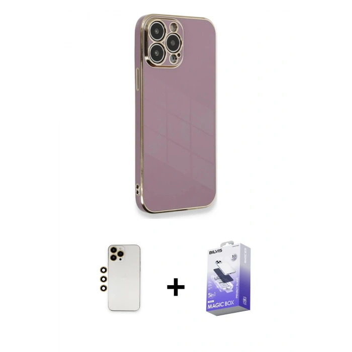MARSİLYAN™- iPhone 13 Pro Max Kılıf Yankı Serisi - Siyah Bilvis 5in1 5D Magic Hayalet Cam Ekran Koruyucu + Shine Kamera Lens - GD