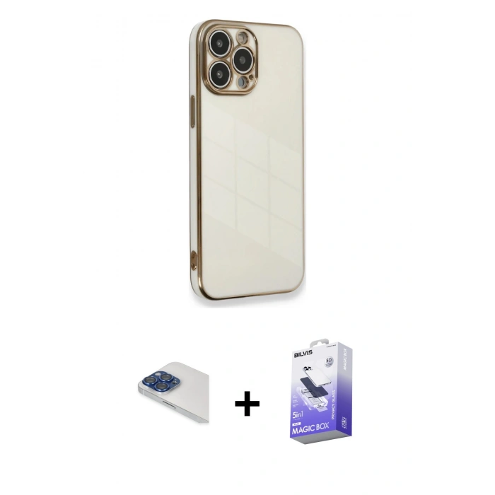 MARSİLYAN™- iPhone 13 Pro Max Kılıf Yankı Serisi - Siyah Bilvis 5in1 5D Magic Hayalet Cam Ekran Koruyucu + Lacivert Pers Alüminyum Kamera Lens