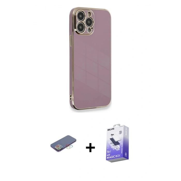 MARSİLYAN™- iPhone 13 Pro Max Kılıf Yankı Serisi - Siyah Bilvis 5in1 5D Magic Hayalet Cam Ekran Koruyucu + Mavi Renkli Kamera Lens Koruma Cam