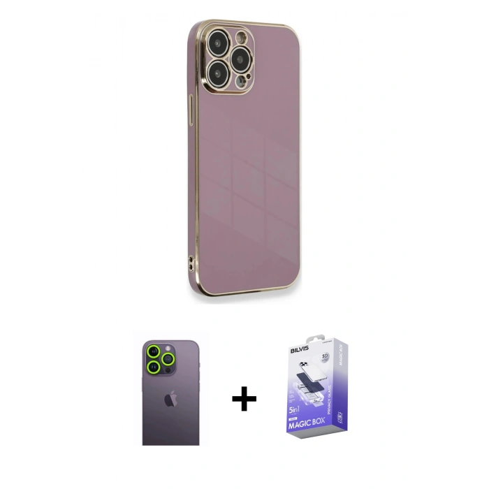MARSİLYAN™- iPhone 13 Pro Max Kılıf Yankı Serisi - Siyah Bilvis 5in1 5D Magic Hayalet Cam Ekran Koruyucu + Neon Fosforlu Kamera Lens - YL