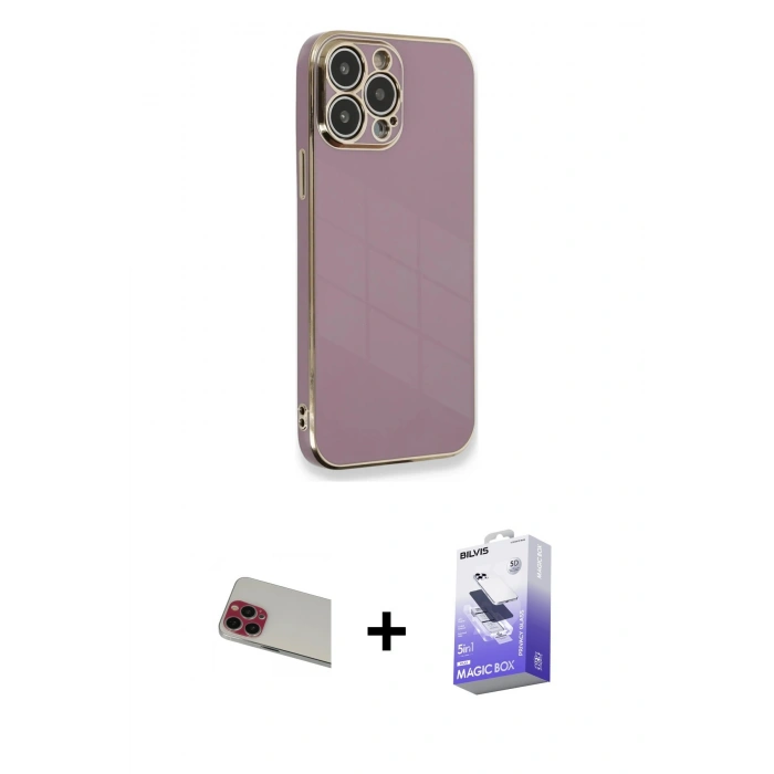 MARSİLYAN™- iPhone 13 Pro Max Kılıf Yankı Serisi - Siyah Bilvis 5in1 5D Magic Hayalet Cam Ekran Koruyucu + Rainbow Kamera Lens Koruma Cam - KI