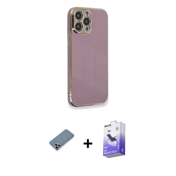 MARSİLYAN™- iPhone 13 Pro Max Kılıf Yankı Serisi - Siyah Bilvis 5in1 5D Magic Hayalet Cam Ekran Koruyucu + Mor Metal Kamera Lens Koruma Cam