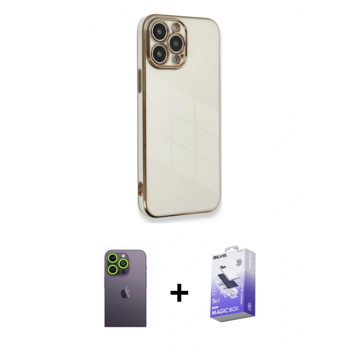 MARSİLYAN™- iPhone 13 Pro Max Kılıf Yankı Serisi - Siyah Bilvis 5in1 5D Magic Hayalet Cam Ekran Koruyucu + Neon Fosforlu Kamera Lens - YL