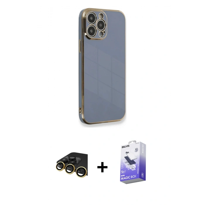 MARSİLYAN™- iPhone 13 Pro Max Kılıf Yankı Serisi - Siyah Bilvis 5in1 5D Magic Hayalet Cam Ekran Koruyucu + Raze Metal Kamera Lens - GD