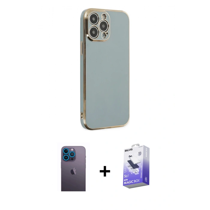 MARSİLYAN™- iPhone 13 Pro Max Kılıf Yankı Serisi - Siyah Bilvis 5in1 5D Magic Hayalet Cam Ekran Koruyucu + Neon Fosforlu Kamera Lens - MI