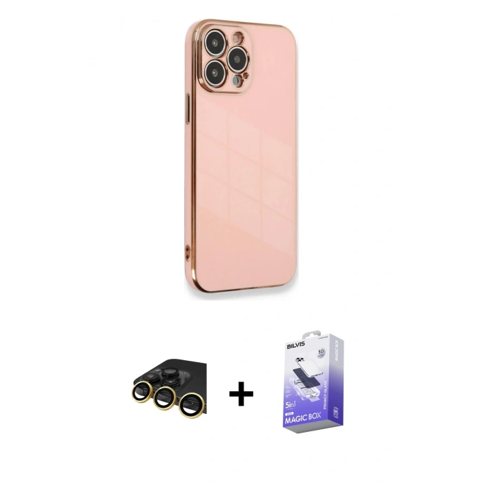 MARSİLYAN™- iPhone 13 Pro Max Kılıf Yankı Serisi - Siyah Bilvis 5in1 5D Magic Hayalet Cam Ekran Koruyucu + Raze Metal Kamera Lens - GD