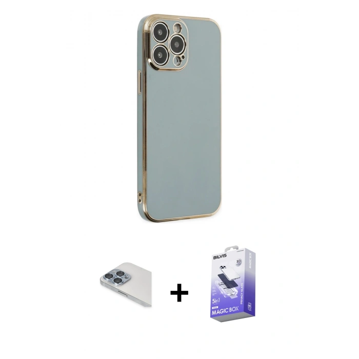 MARSİLYAN™- iPhone 13 Pro Max Kılıf Yankı Serisi - Siyah Bilvis 5in1 5D Magic Hayalet Cam Ekran Koruyucu + Pers Alüminyum Kamera Lens - SABE