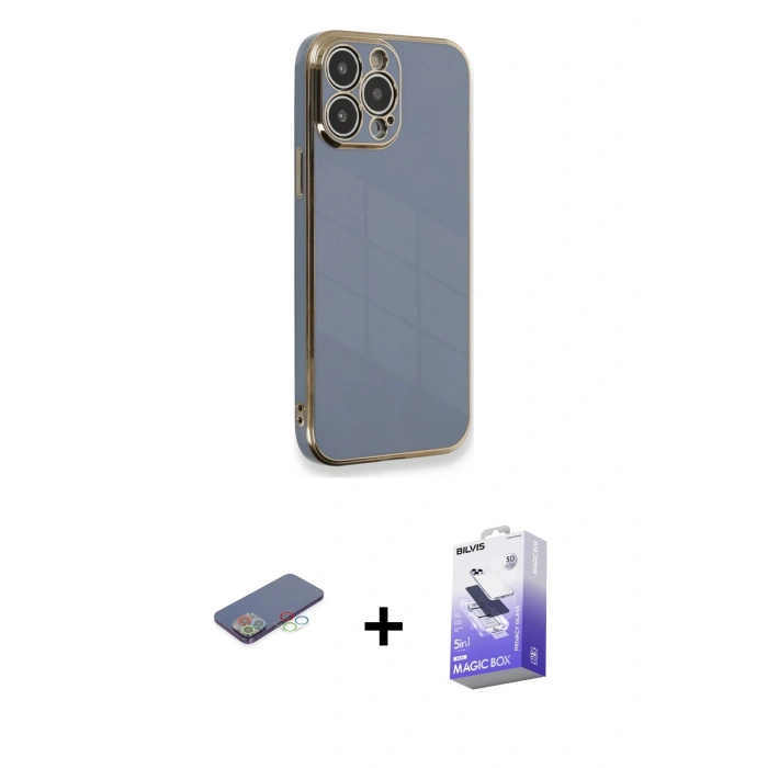 MARSİLYAN™- iPhone 13 Pro Max Kılıf Yankı Serisi - Siyah Bilvis 5in1 5D Magic Hayalet Cam Ekran Koruyucu + Mavi Renkli Kamera Lens Koruma Cam