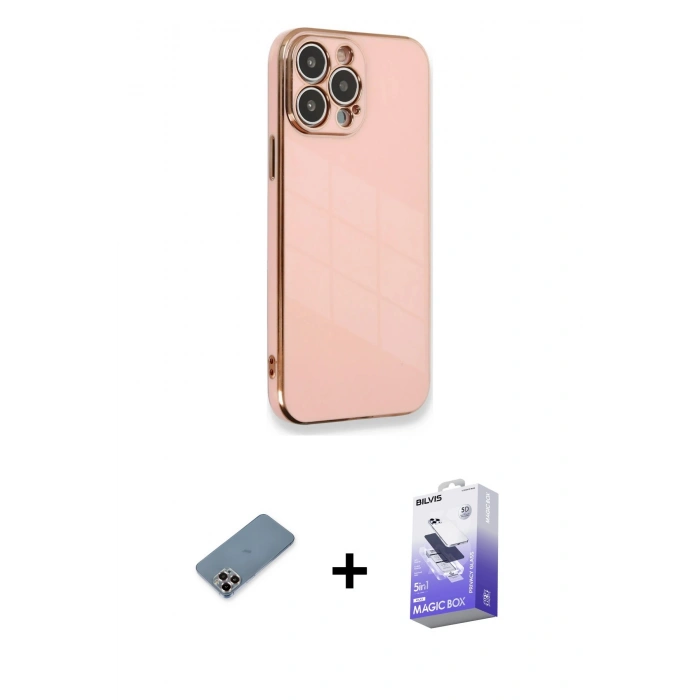 MARSİLYAN™- iPhone 13 Pro Max Kılıf Yankı Serisi - Siyah Bilvis 5in1 5D Magic Hayalet Cam Ekran Koruyucu + Mor Metal Kamera Lens Koruma Cam