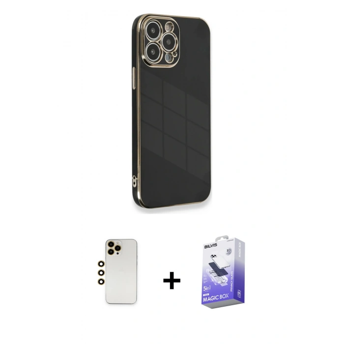 MARSİLYAN™- iPhone 13 Pro Max Kılıf Yankı Serisi - Siyah Bilvis 5in1 5D Magic Hayalet Cam Ekran Koruyucu + Shine Kamera Lens - GD