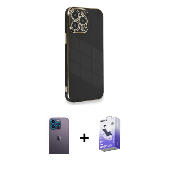 MARSİLYAN™- iPhone 13 Pro Max Kılıf Yankı Serisi - Siyah Bilvis 5in1 5D Magic Hayalet Cam Ekran Koruyucu + Neon Fosforlu Kamera Lens - MI