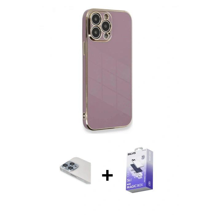 MARSİLYAN™- iPhone 13 Pro Max Kılıf Yankı Serisi - Siyah Bilvis 5in1 5D Magic Hayalet Cam Ekran Koruyucu + Pers Alüminyum Kamera Lens - SABE