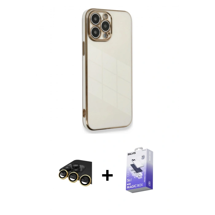 MARSİLYAN™- iPhone 13 Pro Max Kılıf Yankı Serisi - Siyah Bilvis 5in1 5D Magic Hayalet Cam Ekran Koruyucu + Raze Metal Kamera Lens - GD
