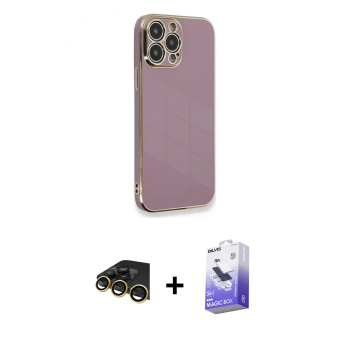 MARSİLYAN™- iPhone 13 Pro Max Kılıf Yankı Serisi - Siyah Bilvis 5in1 5D Magic Hayalet Cam Ekran Koruyucu + Raze Metal Kamera Lens - GD