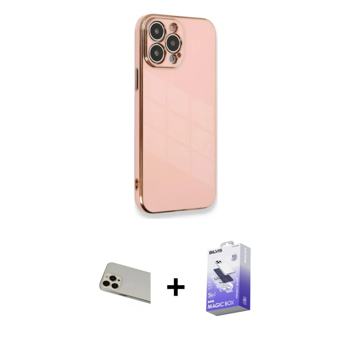 MARSİLYAN™- iPhone 13 Pro Max Kılıf Yankı Serisi - Siyah Bilvis 5in1 5D Magic Hayalet Cam Ekran Koruyucu + Rainbow Kamera Lens Koruma Cam - REGD