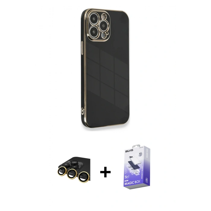 MARSİLYAN™- iPhone 13 Pro Max Kılıf Yankı Serisi - Siyah Bilvis 5in1 5D Magic Hayalet Cam Ekran Koruyucu + Raze Metal Kamera Lens - GD