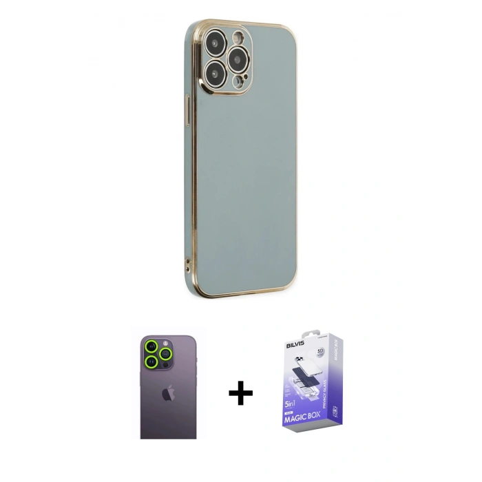 MARSİLYAN™- iPhone 13 Pro Max Kılıf Yankı Serisi - Siyah Bilvis 5in1 5D Magic Hayalet Cam Ekran Koruyucu + Neon Fosforlu Kamera Lens - YL