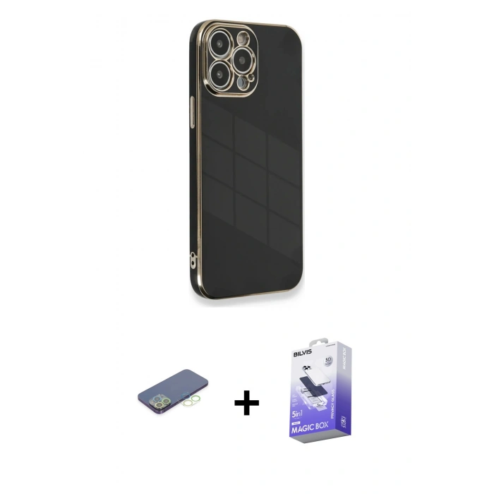 MARSİLYAN™- iPhone 13 Pro Max Kılıf Yankı Serisi - Siyah Bilvis 5in1 5D Magic Hayalet Cam Ekran Koruyucu + Yeşil Renkli Kamera Lens Koruma Cam
