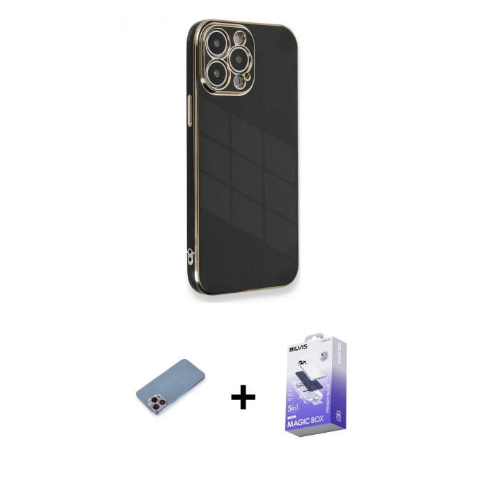 MARSİLYAN™- iPhone 13 Pro Max Kılıf Yankı Serisi - Siyah Bilvis 5in1 5D Magic Hayalet Cam Ekran Koruyucu + Pembe Shine Kamera Lens Koruma Cam