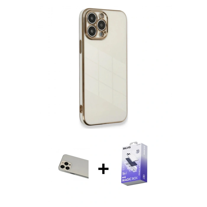 MARSİLYAN™- iPhone 13 Pro Max Kılıf Yankı Serisi - Siyah Bilvis 5in1 5D Magic Hayalet Cam Ekran Koruyucu + Rainbow Kamera Lens Koruma Cam - REGD