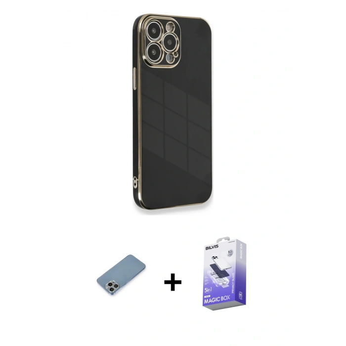 MARSİLYAN™- iPhone 13 Pro Max Kılıf Yankı Serisi - Siyah Bilvis 5in1 5D Magic Hayalet Cam Ekran Koruyucu + Shine Kamera Lens Koruma Cam - GI
