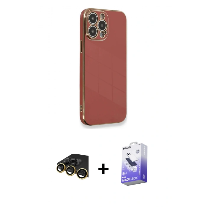 MARSİLYAN™- iPhone 13 Pro Max Kılıf Yankı Serisi - Siyah Bilvis 5in1 5D Magic Hayalet Cam Ekran Koruyucu + Raze Metal Kamera Lens - GD
