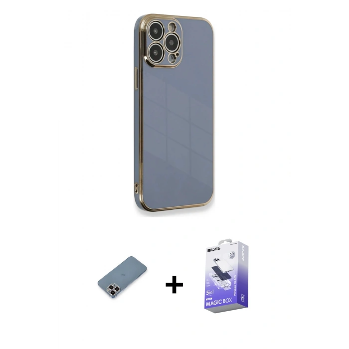 MARSİLYAN™- iPhone 13 Pro Max Kılıf Yankı Serisi - Siyah Bilvis 5in1 5D Magic Hayalet Cam Ekran Koruyucu + Mor Metal Kamera Lens Koruma Cam