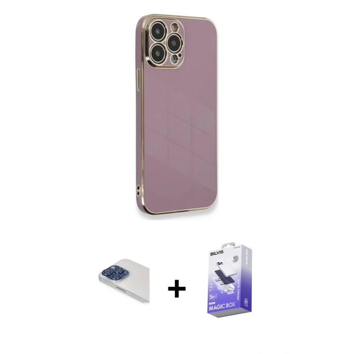 MARSİLYAN™- iPhone 13 Pro Max Kılıf Yankı Serisi - Siyah Bilvis 5in1 5D Magic Hayalet Cam Ekran Koruyucu + Lacivert Pers Alüminyum Kamera Lens