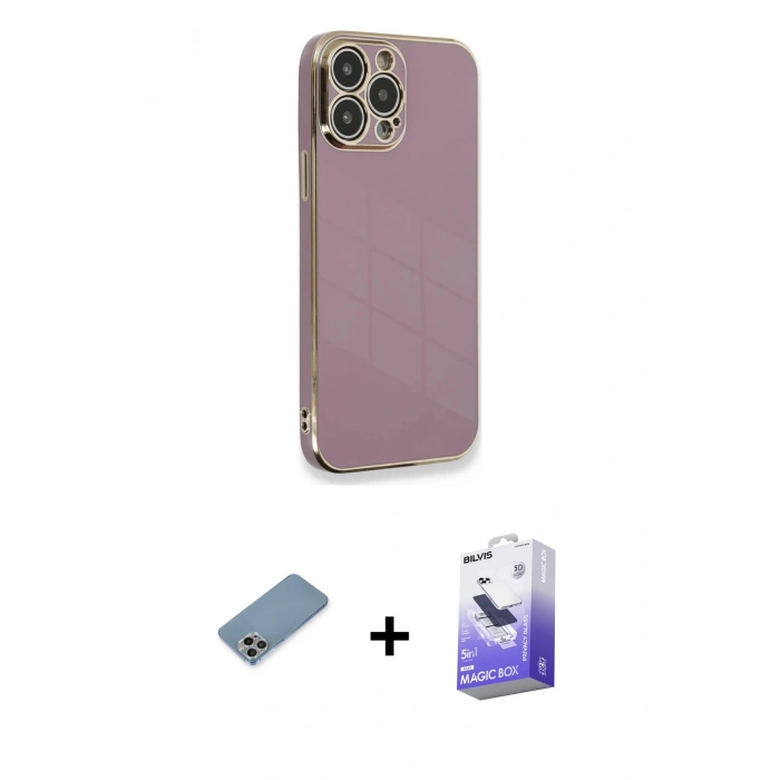 MARSİLYAN™- iPhone 13 Pro Max Kılıf Yankı Serisi - Siyah Bilvis 5in1 5D Magic Hayalet Cam Ekran Koruyucu + Shine Kamera Lens Koruma Cam - GI