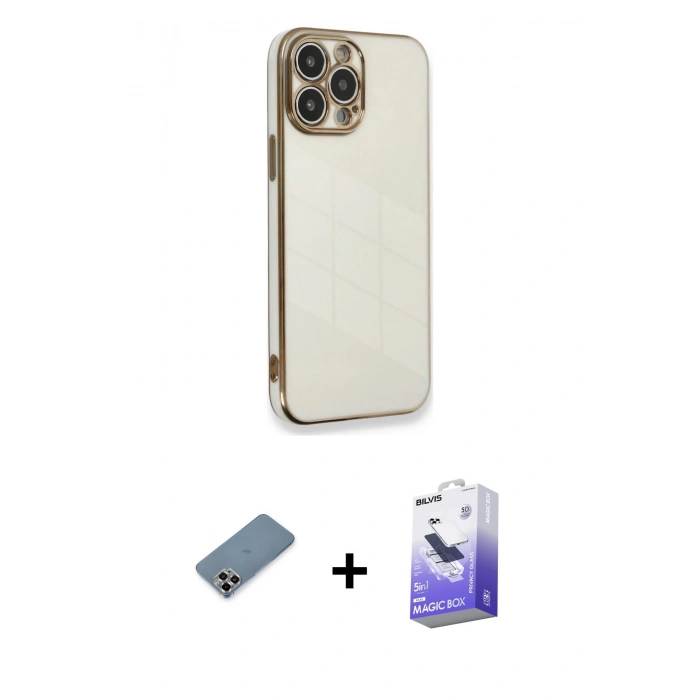 MARSİLYAN™- iPhone 13 Pro Max Kılıf Yankı Serisi - Siyah Bilvis 5in1 5D Magic Hayalet Cam Ekran Koruyucu + Mor Metal Kamera Lens Koruma Cam